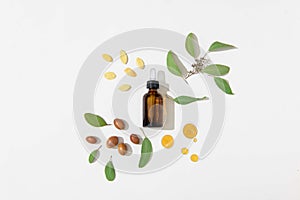 Glass bottle with dropper and Argan fruits on white