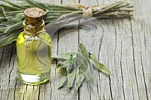 Glass bottle of essential sage tea with dry sage leaves on wooden rustic background