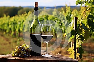 glass bottle filled with biodynamic wine alongside grapevines photo