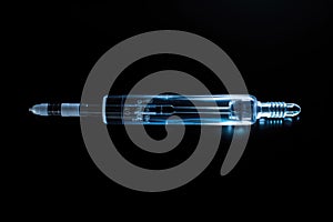 A glass bottle filled with liquid sits on top of a table, Single use syringe, Plastic insulin syringe, Needle for addict, AI