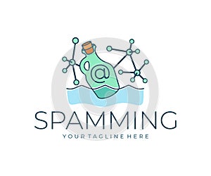 Glass bottle floats in the sea, internet connection, mail and spam, logo design. Communication, interaction, scam, blockchain and