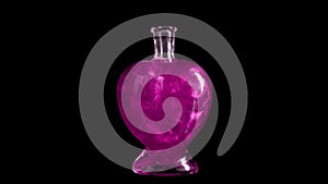 Glass bottle in the form of a heart with pink liquid. The elixir is spinning and overflowing with liquid. Potion of love