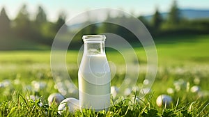 Glass and bottle of fresh milk on green meadow. AI Generative
