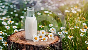 Glass bottle of fresh milk on tree stump, green grass and daisies. Tasty and healthy beverage