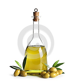 Glass bottle with fresh olive oil