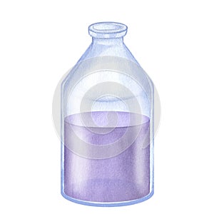 Vaso una botella lleno lila lavanda aceite. cosmético,. mano dibujar acuarela ilustraciones en blanco 