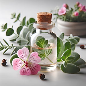 glass bottle of geranium essential oil on white background