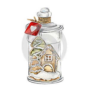 Glass bottle with gingerbread house inside.