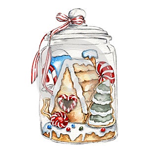 Glass bottle with gingerbread house inside. Watercolor hand drawn illustartion.