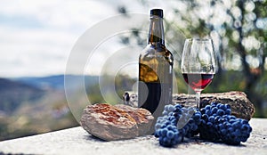 Glass bottle and glass of red wine on stone table with bunch of grapes and majestine background of mountains