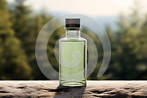 Glass bottle with green liquid on blurred background with pine trees.