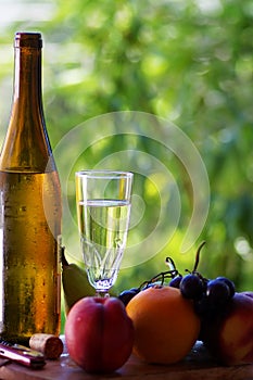 glass and bottle of green wine