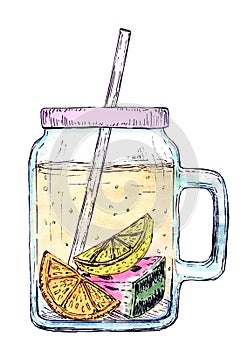 Glass bottle with handle and drinking tube. Fresh fruit summer drink. Watercolor hand drawn illustration