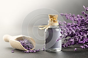 Glass bottle of Lavender essential oil with dried lavender flowers and seeds on white table