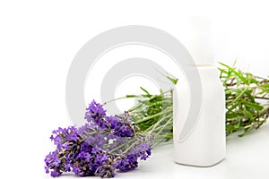 Glass bottle of Lavender essential oil with fresh lavender flowers and dried lavender seeds on white wooden rustic table