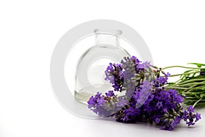Glass bottle of Lavender essential oil with fresh lavender flowers and dried lavender seeds on white wooden rustic table