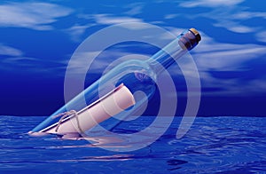 Glass Bottle with a Letter Message inside it in the Sea Ocean - 3D Illustration Rendering