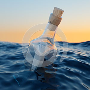 Glass bottle with letter in the sea