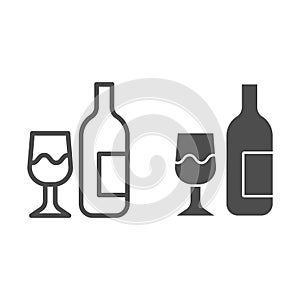 Glass and bottle line and solid icon. Wine bottle and wineglass outline style pictogram on white background. Winery