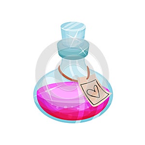 Glass bottle of love potion, label with heart. Vial with magic elixir. Bright pink liquid. Flat vector icon