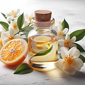 glass bottle of neroli essential oil on white background