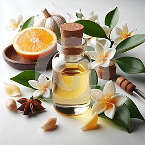 glass bottle of neroli essential oil on white background