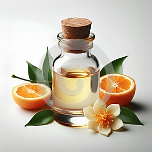 glass bottle of neroli essential oil on white background