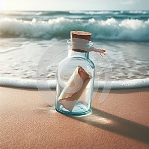 A glass bottle with a note on the seashore.