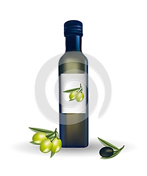 Glass bottle with oil and olives with leaves on a branch. Packaging design. Healthy vegetarian product