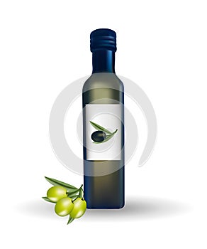 Glass bottle with oil and olives with leaves on a branch. Packaging design. Healthy vegetarian product