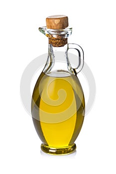 Glass bottle with olive oil isolated on white background