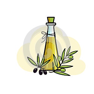 Glass bottle of olive oil and olives with leaves
