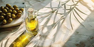 Glass bottle of olive oil and olives on a light textured table surface