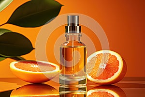 Glass bottle with an orange oil dropper for skin, hair