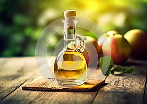 Glass bottle of organic apple vinegar on table in green park with ripe apples.Macro.AI Generative