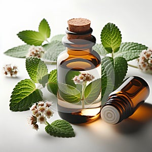 glass bottle of patchouli essential oil on white background