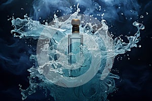 Glass bottle of perfume in water splash
