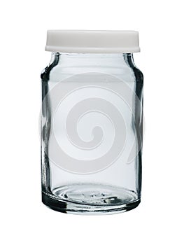 Glass bottle for pharmaceuticals closed with a plastic lid on white background
