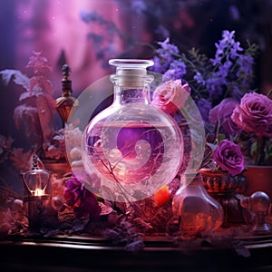 a glass bottle with pink liquid and flowers