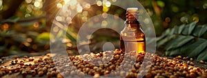A glass bottle of plant oil stands on coffee beans, emitting a pleasant scent