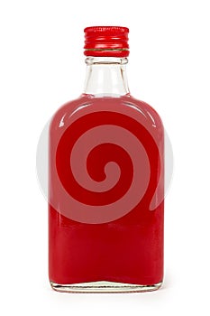 Glass bottle with red tincture isolated on white background. Alcohol problem