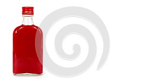Glass bottle with red tincture isolated on white background. Alcohol problem. copy space, template
