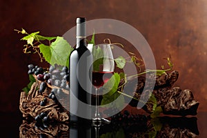 Glass and bottle of red wine with blue grapes and vine branches