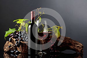 Glass and bottle of red wine with blue grapes and vine branches