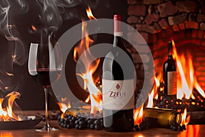 Glass and bottle of red wine on fire background, generative ai