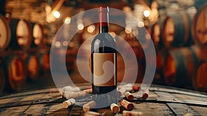 Glass bottle of red wine with mock up label rests on wooden table in wine cellar