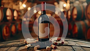 Glass bottle of red wine with mock up label rests on wooden table in wine cellar