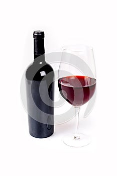 Glass And Bottle Of Red Wine On White