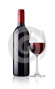 Glass and bottle of red wine on white background