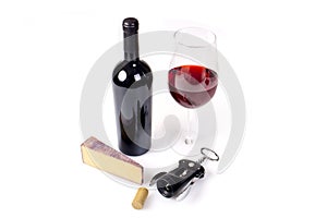 Glass And Bottle Of Red Wine With Wisconsin Cheese